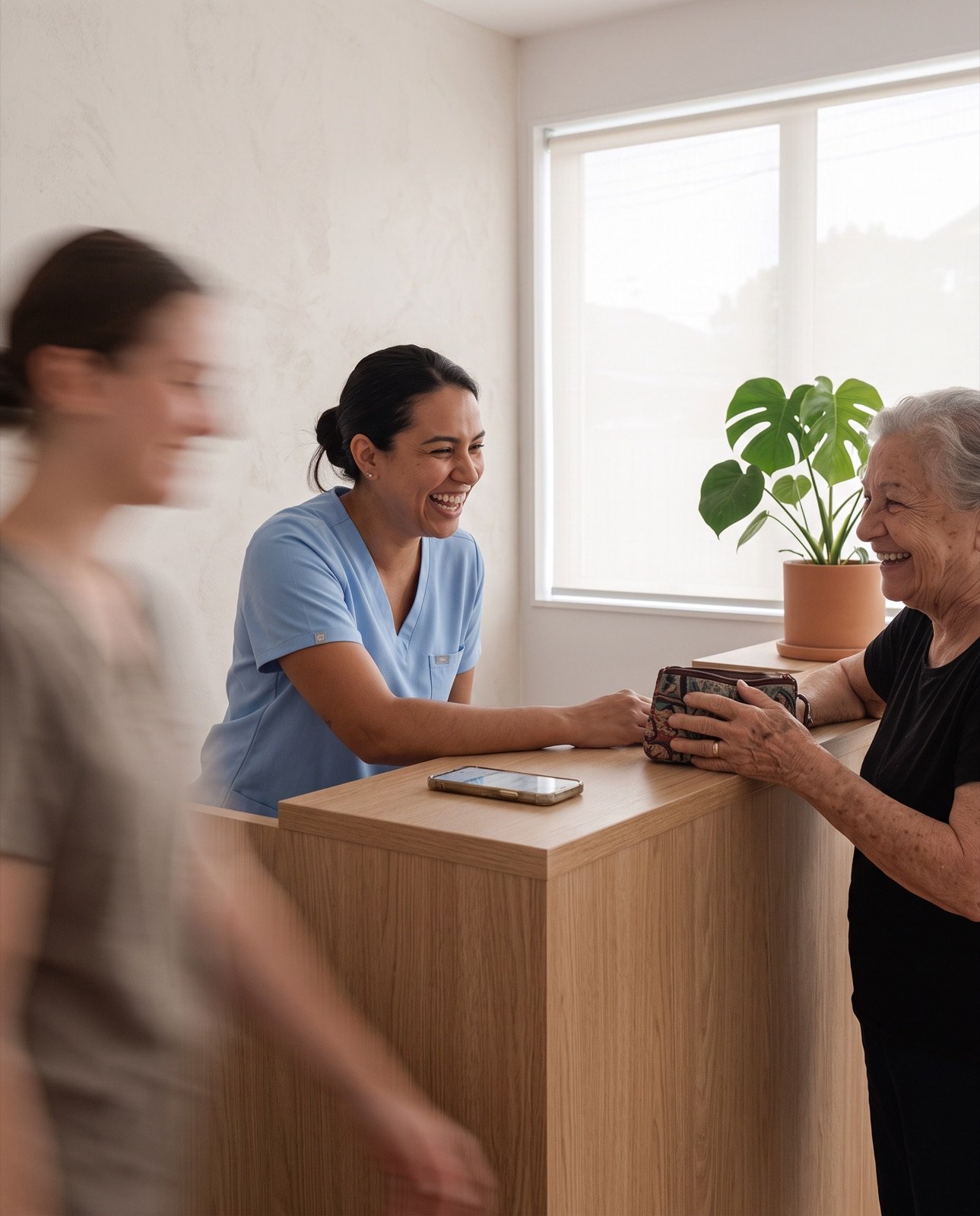 Recepcionista sorrindo enquanto atende uma paciente no balcão da clínica.