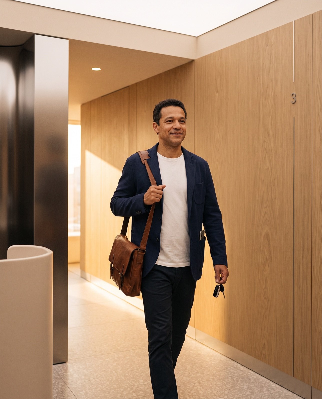 Dono da clínica saindo pelo corredor no fim do expediente, com a bolsa no ombro, sorrindo.