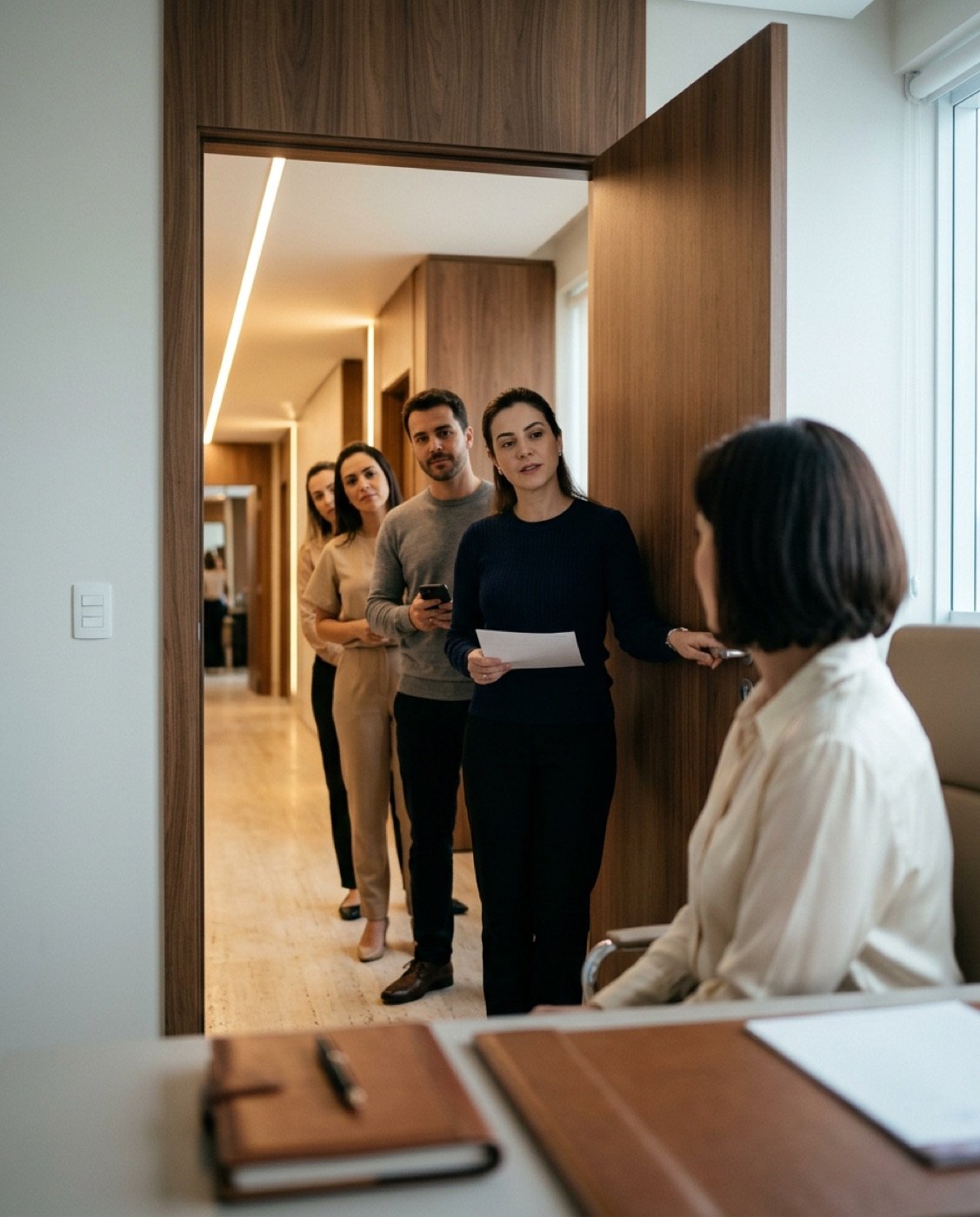 Fila de pessoas da equipe esperando na porta do consultório com papéis na mão.