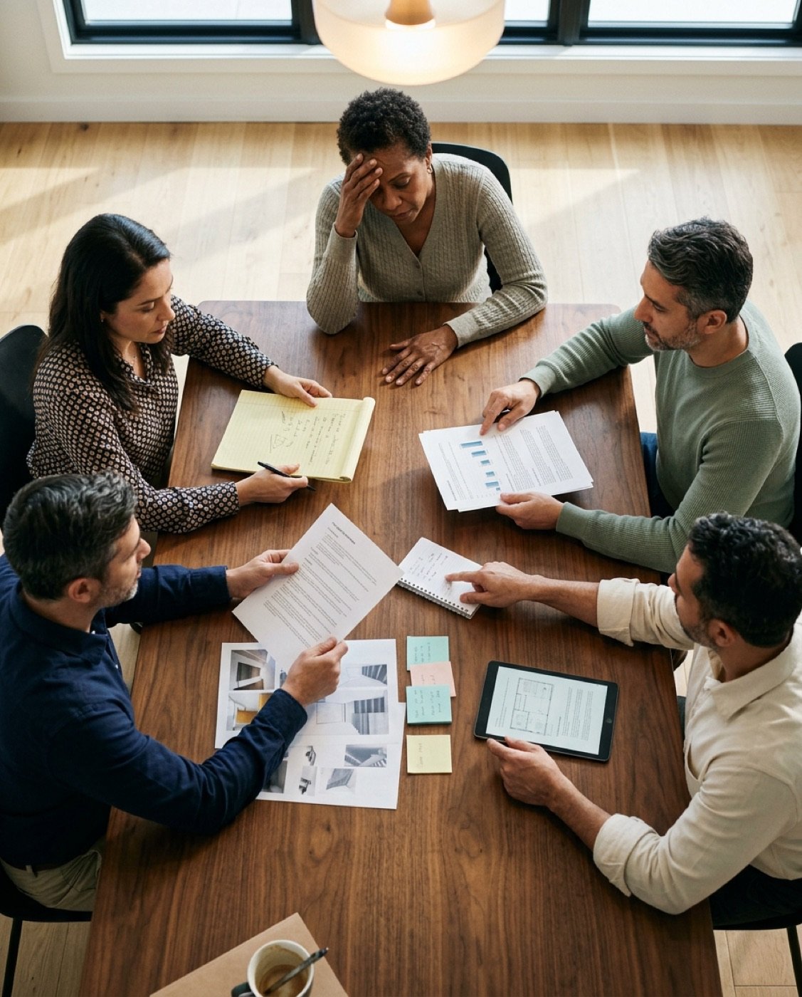 Reunião da equipe em volta de uma mesa, cada pessoa com um papel diferente.